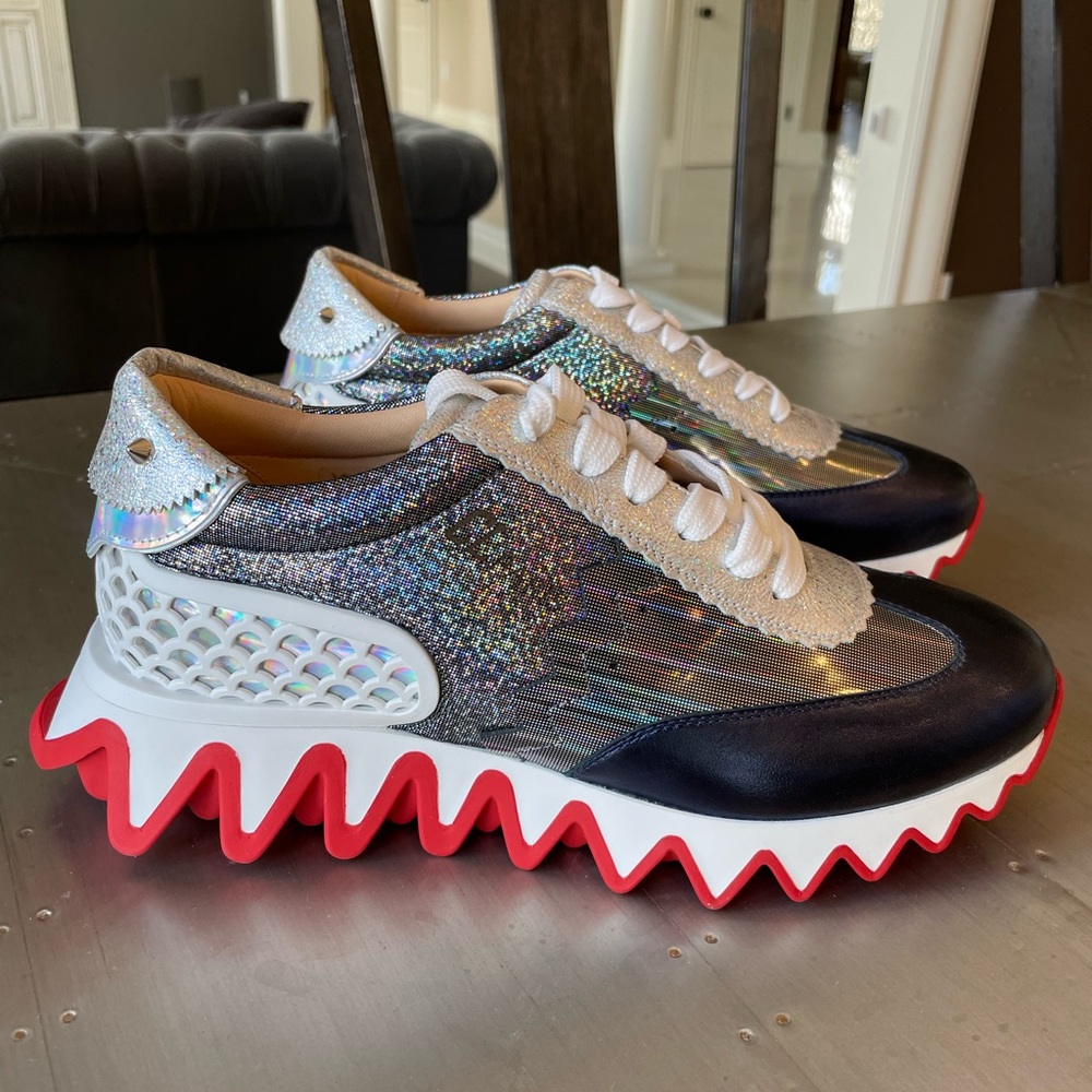 New christian louboutin loubishark Donna flat silver blue sneaker trainer sz 38